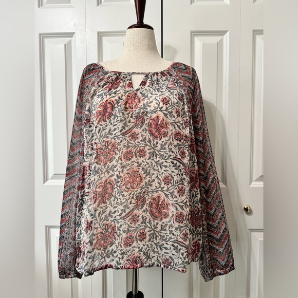 Lucky Brand Tops - Lucky Brand Coral and Blue Long Sleeve Cut Out Blouse